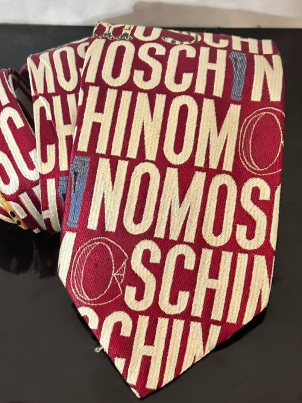 Moschino Logo Tie Collectors Item Necktie Silk Pop Art Vintage Red Graphic Loud